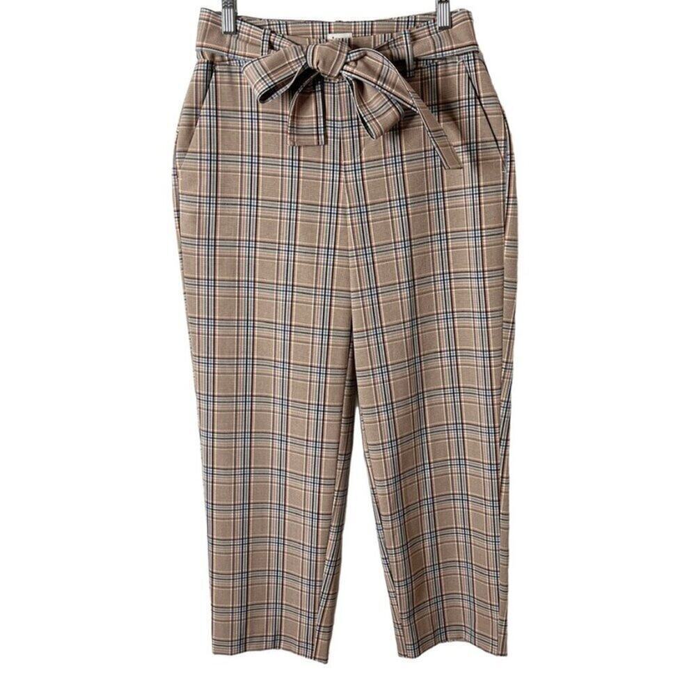 A New Day Womens Trouser Pants 2 High-Rise Brown Plaid Belted Tie Waist Straight - Picture 2 of 8